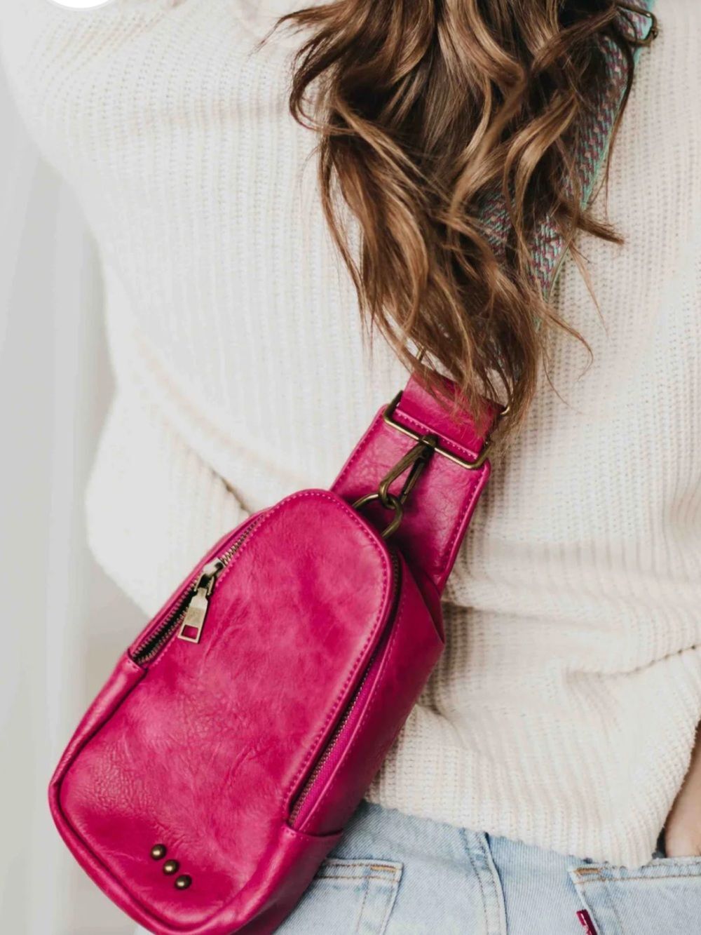 Jordan Hot Pink Sling Travel Bag with Teal woven guitar style strap